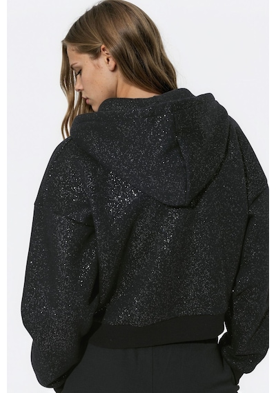 Hiccup Işıltılı Kapüşonlu Fermuarlı Sweatshirt Siyah