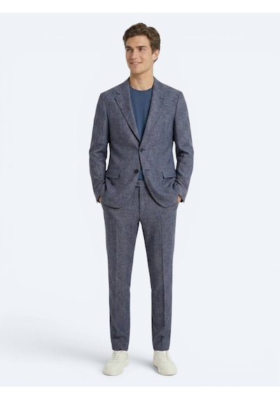 Kip Mavi Desenli Modern Fit Keten Karışımlı Takım Elbise