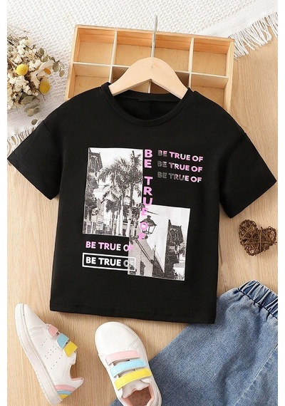 Uyguntarz Çocuk True Of Baskılı Pamuklu Tshirt Siyah