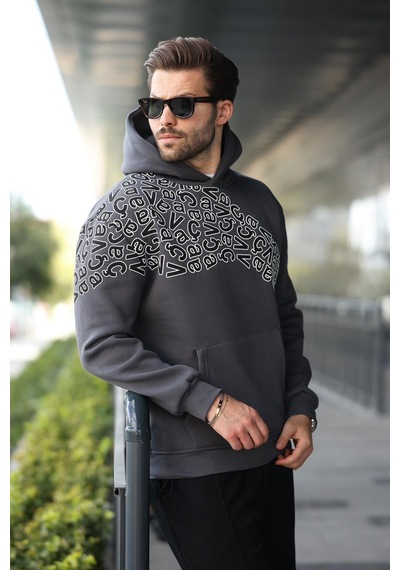Madmext Füme Baskılı Kapüşonlu Erkek Sweatshirt E7160 Füme