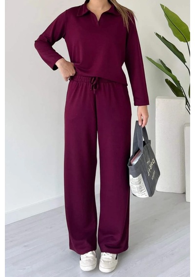 Balenbi Kadın Modal Kumaş Polo Yaka Uzun Kollu Takım 1126 Bordo