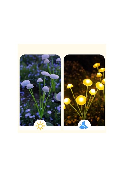 Buffer 2 Adet Plastik Mantar Solar Bahçe Lambası Güneş Enerjili Led Dış Mekan Aydınlatma, Otomatik Sensörlü Dekoratif Sarı