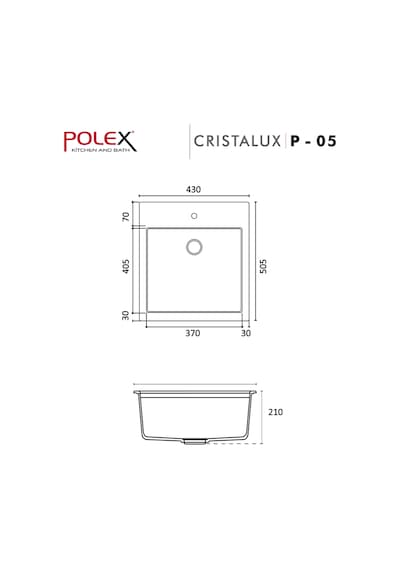 Polex Cristalüx Granit Evye P-05 Siyah Tezgah Altı Ve Tezgah Üstü Kare Mutfak Evyesi 41x51 CM