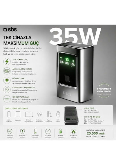 Sbs 10.000 Mah Powerbank 35w Pd Lcd Ekran 2x Usb-c Pd + Usb-a 22.5w Afc Hızlı Şarj Taşınabilir Powerbank Gri