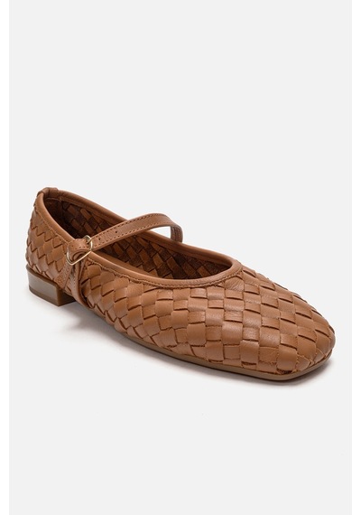 Luvishoes Yevora Taba Örgü Hakiki Deri Bantlı Kadın Babet Ayakkabı