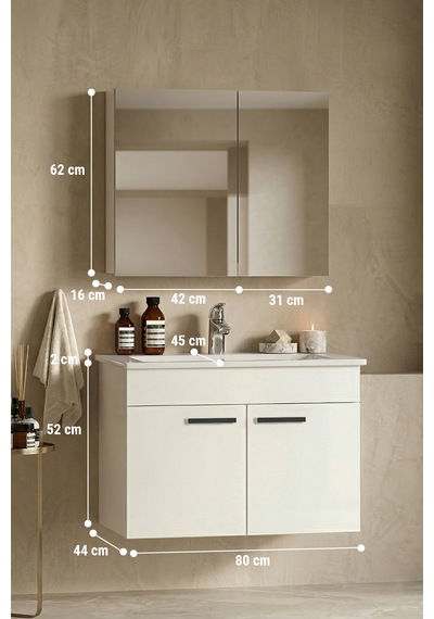 Petunya 80 Cm Beyaz Mdf Seramik Lavabolu Asma Banyo Dolabı Takımı