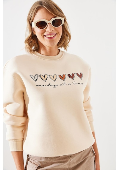 Shade Kadın Üç İplik Şardonlu Renkli Kalp Baskılı Sweatshirt Mbhs007 60601007 - Bej