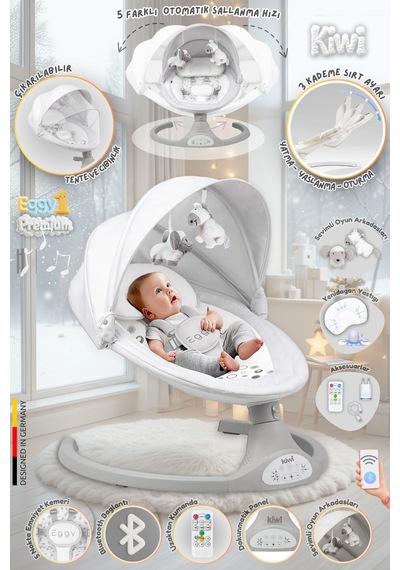 Kiwi Eggyone Elektrikli Otomatik Sallanan Bebek Ana Kucağı, 5 Farklı Sallanma Hızı, Oyuncaklı- Snow