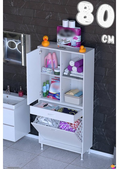 Afra 80 Cm 2 Gözlü Kirli Çamaşır Sepet, 1 Kapak Ve Çekmeceli 4 Raflı Çok Amaçlı Banyo Dolabı Beyaz Afra 80 Cm 2 Gözlü Kirli Çamaşır Sepet, 1 Kapak Ve Çekmeceli 4 Raflı Çok Amaçlı Banyo Dolabı Beyaz