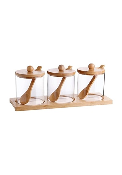Bambu Standlı 3'lü Cam Baharatlık Seti 7009