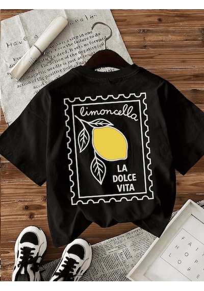 Limoncella "la Dolce Vita" Baskılı Oversize Pamuklu Kadın T-shirt SIYAH