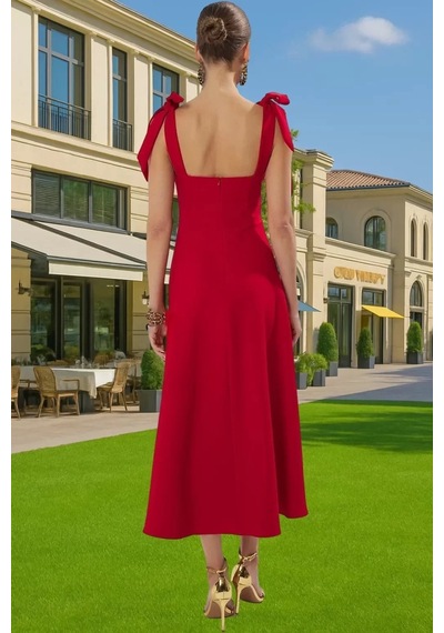Ersefa Feminen A Kesim Midi Abiye Elbise Polyester Elastan Dokuma Kumaşt Kırmızı