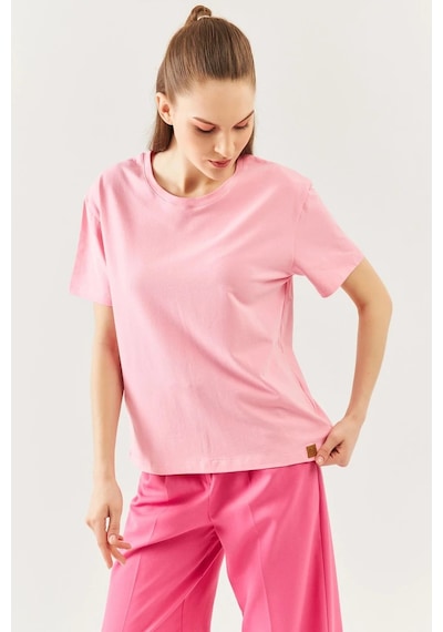 Kadın Oversize Rahat %100 Pamuklu Penye Bisiklet Yaka Kısa Kol Basic T-shirt Pembe