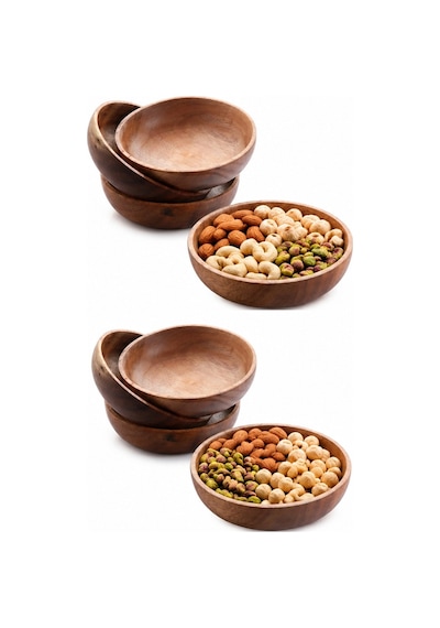 Dekoratif Çerezlik Tabak, Doğal Ahşap Akasya Çerezlik, Çap 12 Cm, 4'lü Set Kahverengi