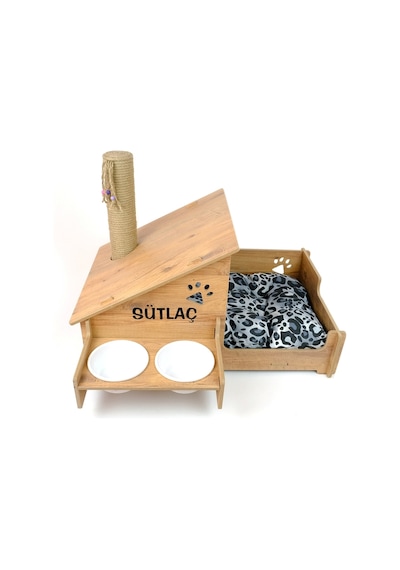 Ahşap Kedi Evi - Mama Kabı-özel Isim Baskılı-meşe Mdf- Beyaz Seramik Kase 2 400ml- Tırmalama Çubuklu