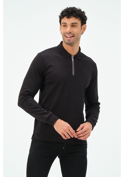 Fermuarlı Uzun Kollu Regular Fit Erkek Polo Yaka T-shirt Siyah