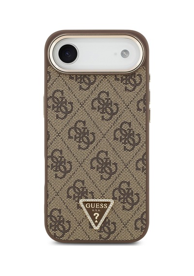 Apple Uyumlu iPhone 17 Air Kılıf Guess Lisanslı M-safe Şarjlı Gold Metal Kamera Çerçeveli Taşlı Üçgen Logo Kahve