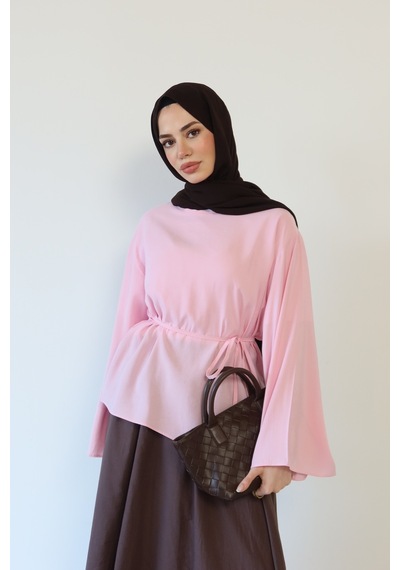 Moonsc Kadın Asimetrik Kesim Bel Bağlamalı Modal Tesettür Tunik Pembe