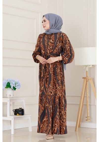 Sevitli Leopar Desenli Beli Tünelli Viscon Elbise-gri-5090 Gri