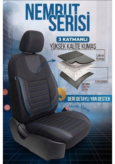 Nemrut Serisi Lakost Kumaş Universal Oto Koltuk Kılıfı Tam Set Siyah-Mavi