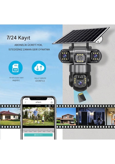 Güneş Enerjili 3 Kameralı Güvenlik 4k Mobil Uygulama İle 3 Kamerayı Kolayca Yönlendirin 3 Ptz