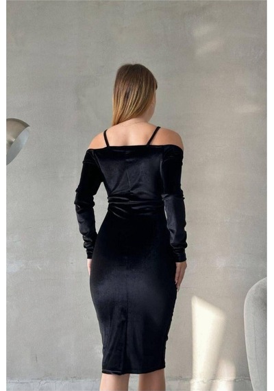 Lior Design Kadın Vintage Kalp Yaka Balık Kesim Uzun Kollu Abiye Elbise Siyah