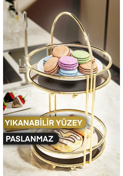 Bino 2 Katlı Lüks Kurabiyelik Servis Sunum Organizeri 40 CM Altın