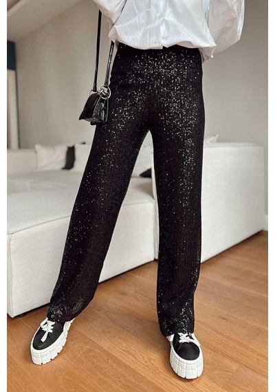 Unika Boutique Kadın Beli Lastikli Ve Pul Payetli Tasarım Bol Pantolon siyah