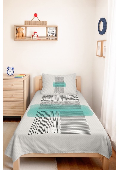 Geometrik Çizgili Mint Genç Odası Tek Kişilik Pike Takımı - Siyah 160x220 Cm Kapitone Yatak Örtüsü Killi Bozkır Harmonu