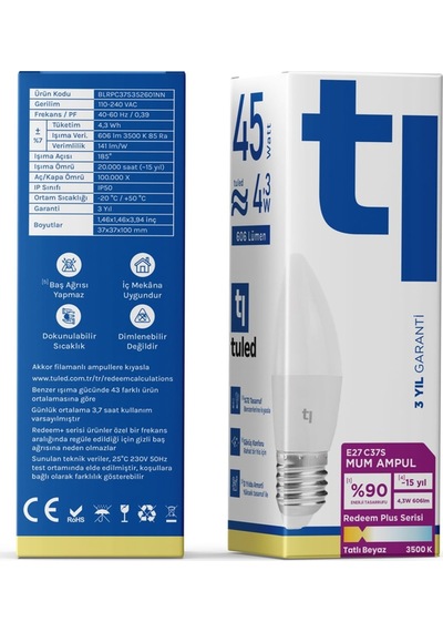 Redeem Plus C37S E27 Mum Ampul, Titreşimsiz, Göz Konforu, 606 Lümen, Tatlı Beyaz, 3500 Kelvin