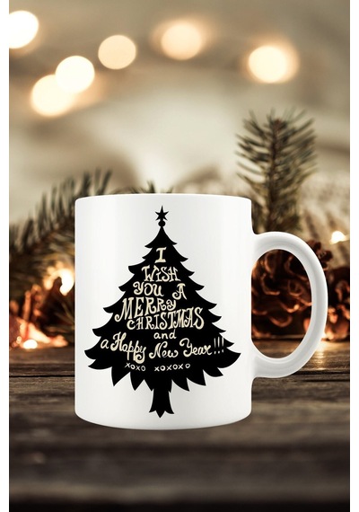 Yılbaşı Yeni Yıl Konseptli Merry Christmas Ağaç Baskılı Kupa Bardak Beyaz