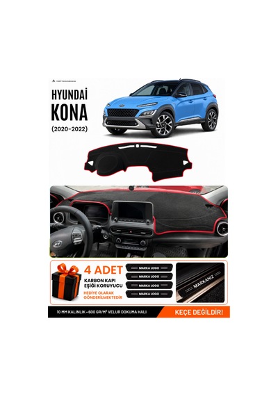 Hyundai Kona 2020-2022 Uyumlu Torpido Örtüsü, Torpido Kılıfı - Siyah Kırmızı