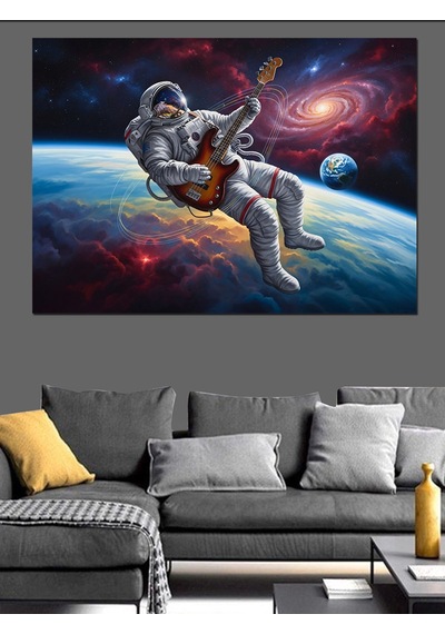 Uzayda Gitar Çalan Astronot Tablo Dekoratif Kanvas - Mdf Ahşap Tablo
