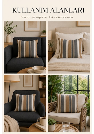 Wellsoft Dekoratif Kırlent Kılıfı 45x45 Ve 30x50 Peluş Koltuk Kanepe Yastık Kılıfı Çizgili 30 x 50