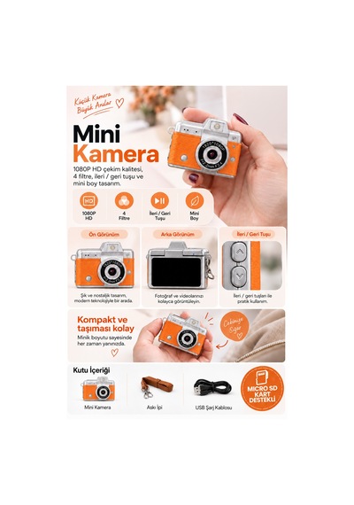 Mimtec Blm-110 Mini Retro Dijital Kamera - Flaşlı Katlanabilir Ekran 1080p Hd Video Selfie Vlog Kamerası Turuncu