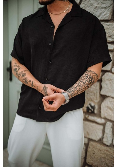 Tarz Cool Erkek Krep Kumaş Oversize Gömlek SİYAH
