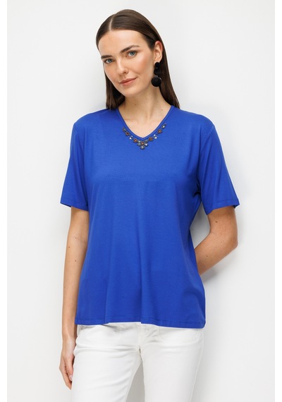 Kadın V Yaka Yakası Nakış İşlemeli Penye T-shirt Saks Saks