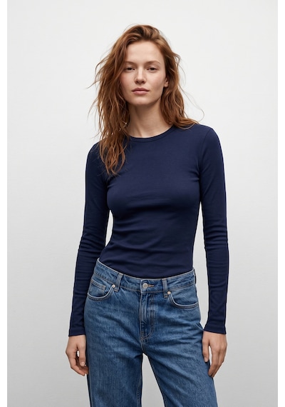 Elemge %95pamuk %5likra Vücuda Oturan Magic Fit Lacivert Kadın Stretch Uzun Kollu T-shirt Compact Penye Esnek Basic Tişört Elastan Bluz