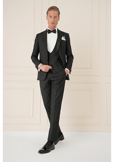 Efor Black 077 Slim Fit Çıkarılabilir Saten Yaka Yelekli Siyah Damatlık Smokin Takım Siyah Efor Black 077 Slim Fit Çıkarılabilir Saten Yaka Yelekli Siyah Damatlık Smokin Takım Siyah