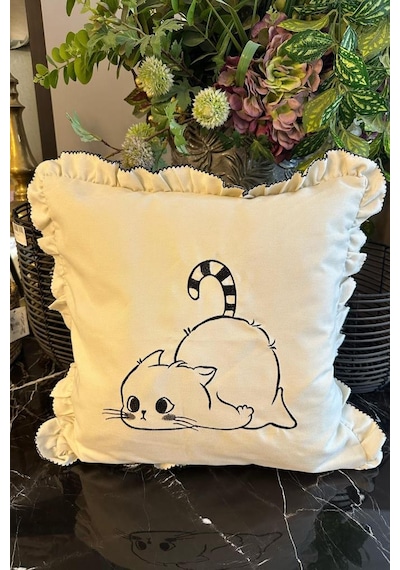 Kedicik Lüx Nakışlı Keten Kırlent Kılıfı 45x45 Cm Siyah