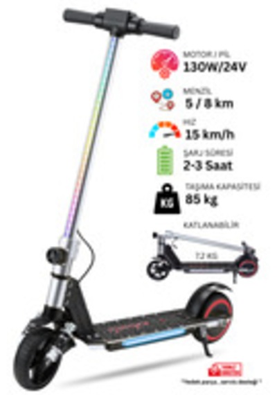 Elektrikli Çocuk Scooter - Çift Frenli Katlanabilir - Led Işıklı - Ön Çift Süspansiyonlu 8+ Gri
