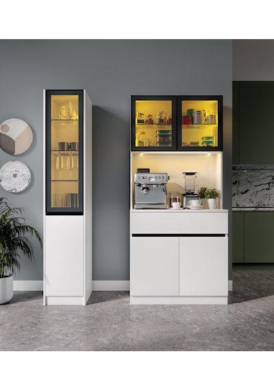 Lotus Midi Sol Vitrinli Kahve Köşesi Komple Mdf Led Mutfak Dolabı Beyaz