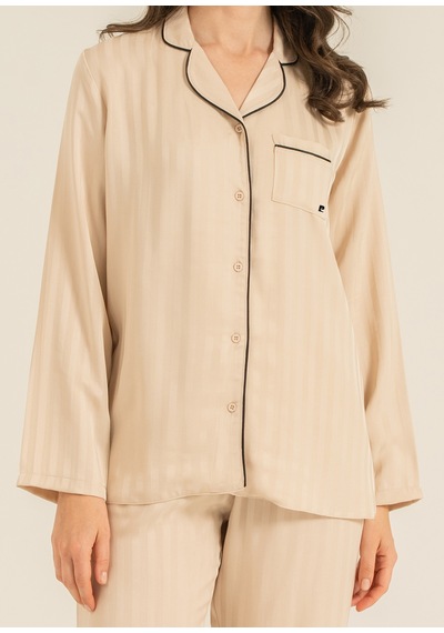 Pierre Cardin 9305 Saten Önden Düğmeli Uzun Kol Kadın Pijama Takımı Bej