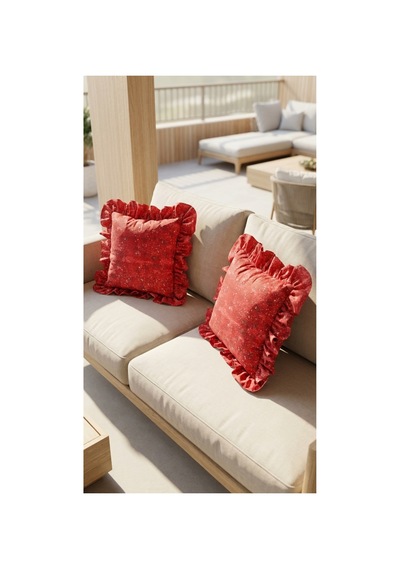 2 Adet %100 Pamuk Simli Kırmızı Desenli Fırfırlı Kırlent Kılıfı 40x40 Kırmızı - 900619166 Kırmızı
