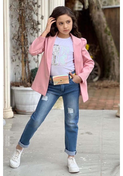 Riccotarz Kız Çocuk Üzeri Harf Pulpayet Tişört Ve Jean Pudra Blazer Ceket Alt Üst Takım Pudra Riccotarz Kız Çocuk Üzeri Harf Pulpayet Tişört Ve Jean Pudra Blazer Ceket Alt Üst Takım Pudra