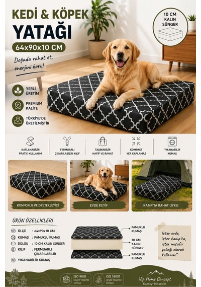 Büyük Irk Köpek Yatağı Süngerli Fermuarlı Yıkanabilir Kılıflı Köpek Minderi 64x90x10 Cm-karaçatı