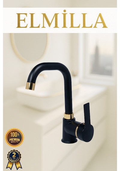 Siyah Gold Armut Delta Kol Köşe Borulu Banyo Lavabo Bataryası Çeşmesi Musluğu Çift Su Girişli