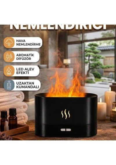 Alev Görünümlü Kumandalı Led Hava Nemlendirici Aromaterapi Difüzör Siyah