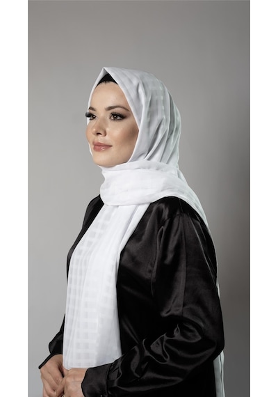 Hürrem Bone Beyaz Desenli Şal Şifon Kumaş Kareli Çizgili 202107 42 Beyaz