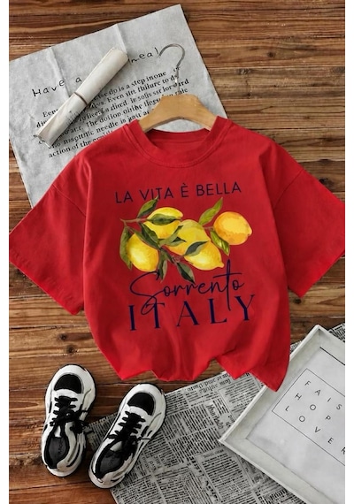 Bella Limon Ön Baskılı Oversize Pamuklu Kadın T-shirt Kirmizi